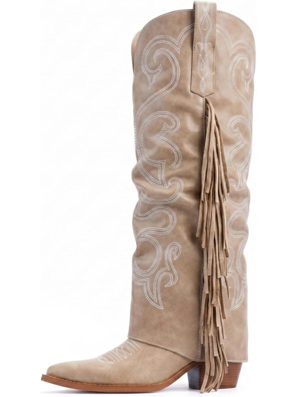 Women's Nude Cowgirl Pointy Toe Chunky Block Western Embroidery High Heel Boots